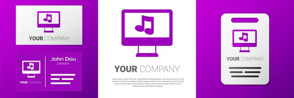 Logotype Computer with music note symbol on screen icon isolated on white b.. Stock Illustration
