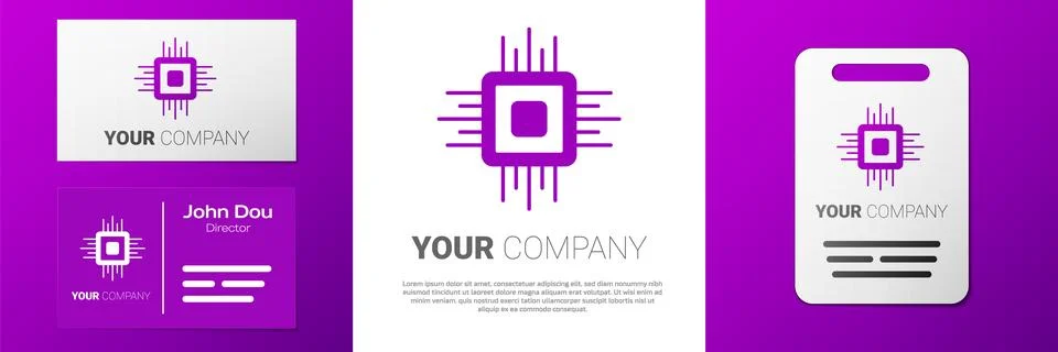 Logotype Computer processor with microcircuits CPU icon isolated on white Stock Illustration