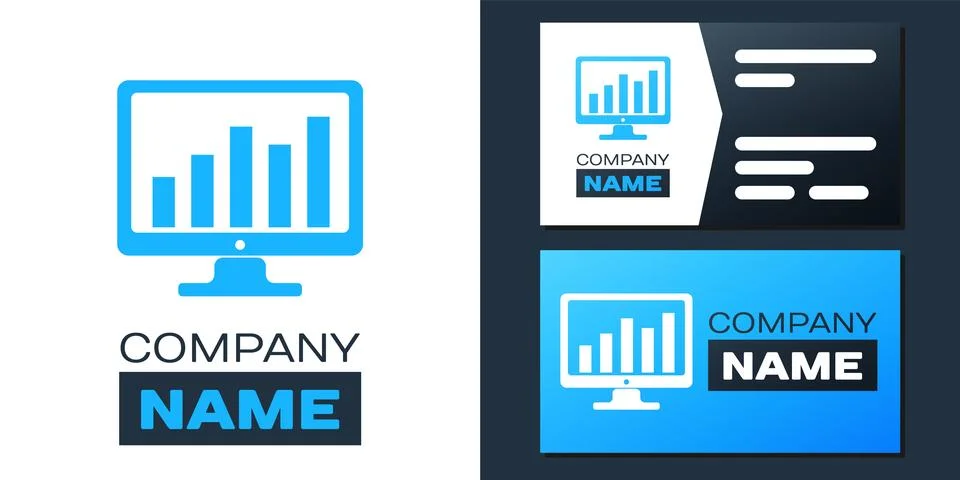 Logotype Computer screen with financial charts and graphs icon isolated on white Stock Illustration