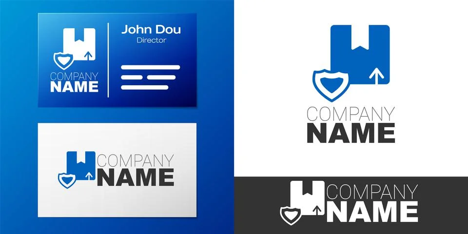 Logotype Delivery security with shield icon isolated on white background Stock Illustration
