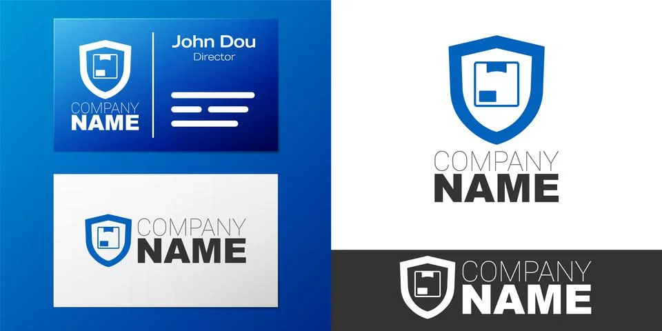 Logotype Delivery security with shield icon isolated on white background Illustrazione stock