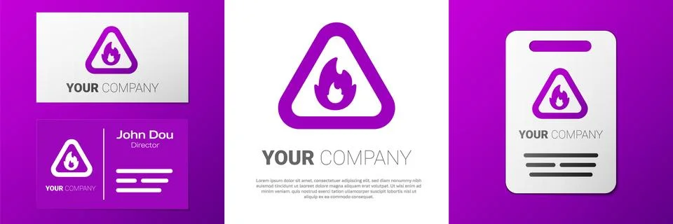 Logotype Fire flame in triangle icon isolated on white background. Warning .. イラスト素材