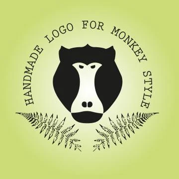Logotype with head of monkey and leaves of fern. Baboon. Aggressive logotype. Stock Illustration