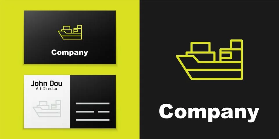 Logotype line Cargo ship with boxes delivery service icon isolated on black.. Ilustración de archivo