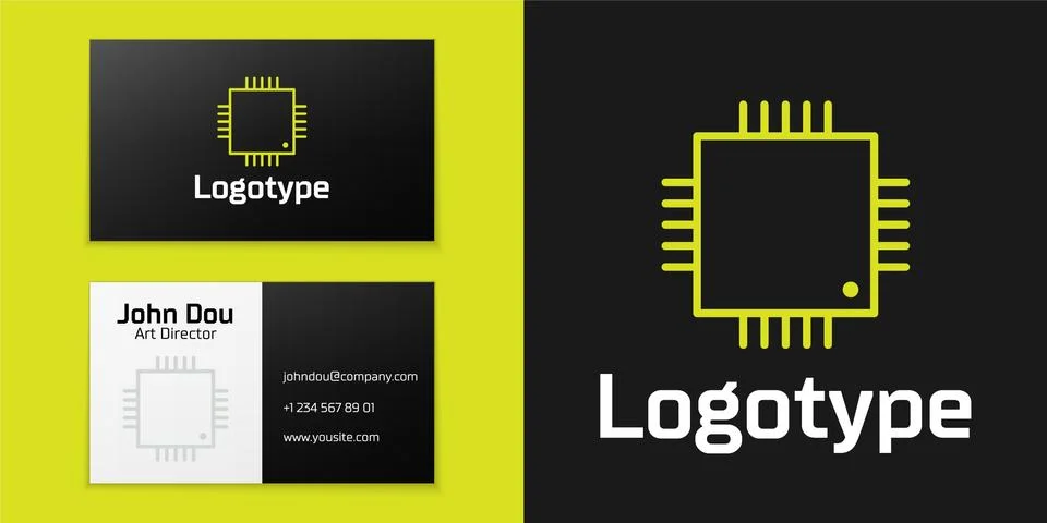Logotype line Computer processor with microcircuits CPU icon isolated on black イラスト素材