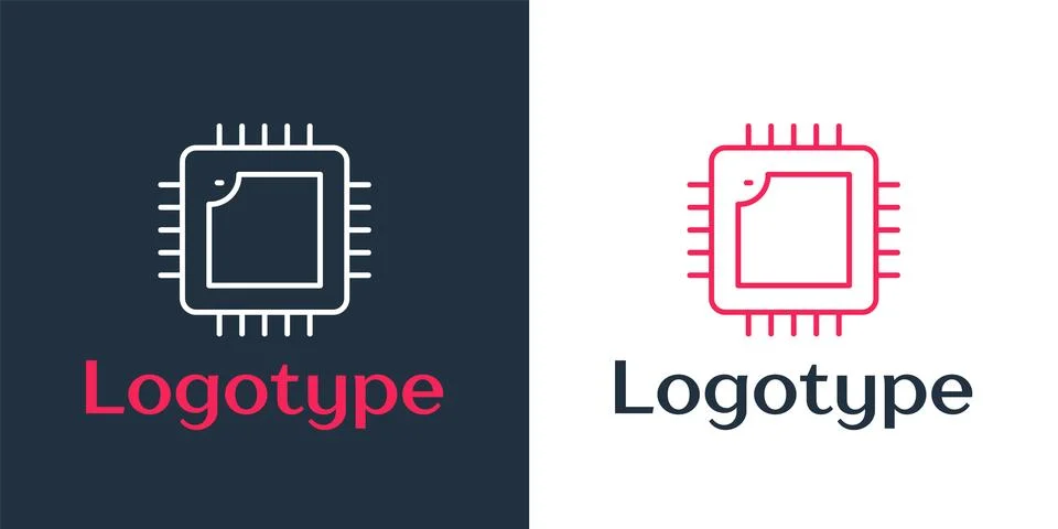Logotype line Computer processor with microcircuits CPU icon isolated on white Stock Illustration