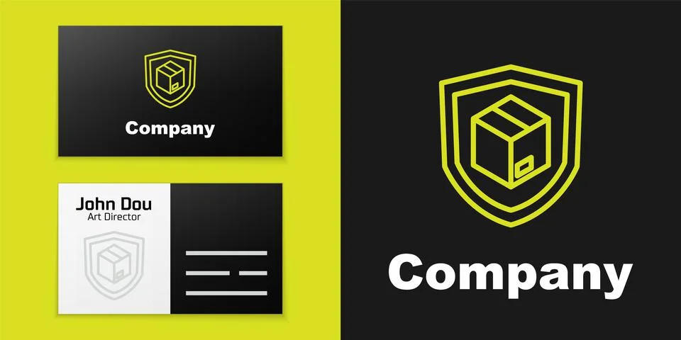 Logotype line Delivery security with shield icon isolated on black background Stock Illustration