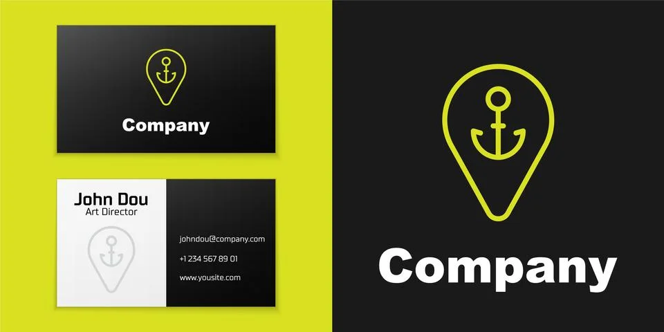 Logotype line Map pointer with anchor icon isolated on black background. Logo Illustrazione stock