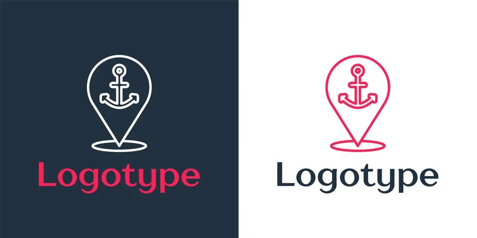 Logotype line Map pointer with anchor icon isolated on white background. Logo Stock Illustration