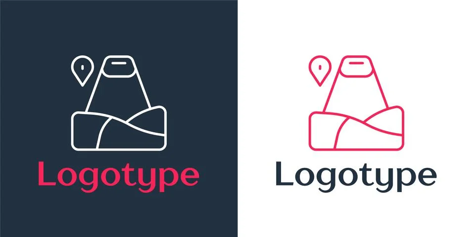 Logotype line Map pointer with mountain icon isolated on white background Stock Illustration