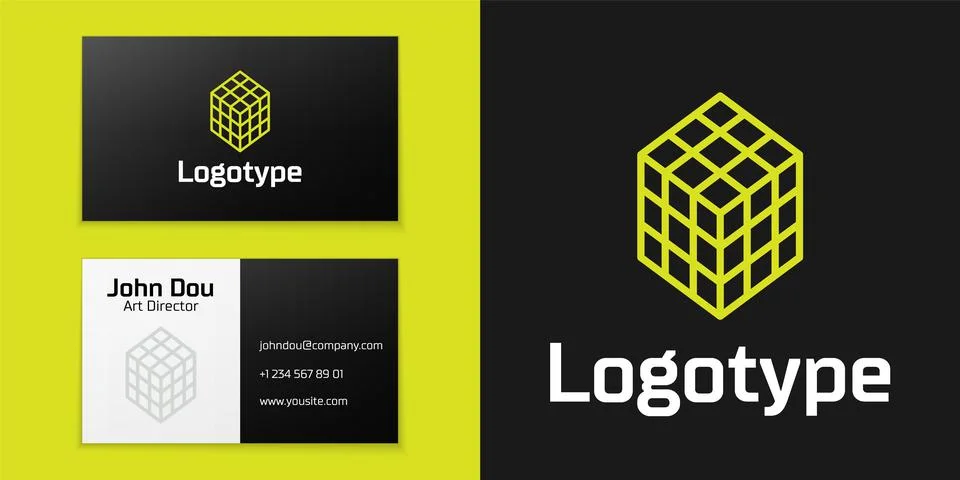 Logotype line Rubik cube icon isolated on black background. Mechanical puzzle Stockillustratie