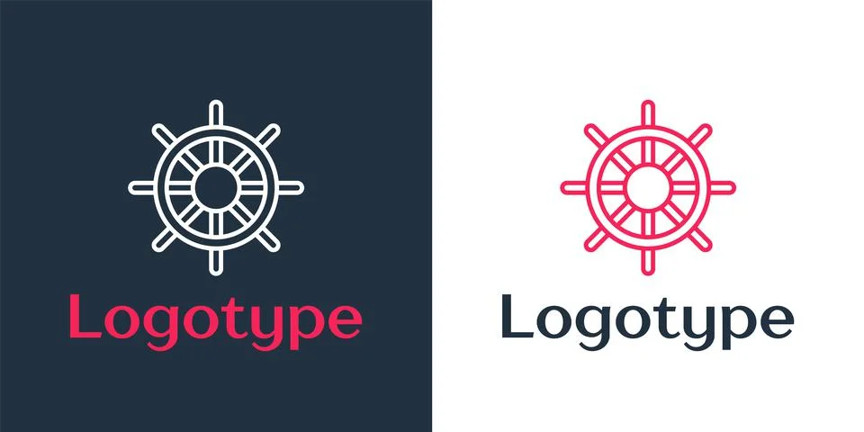 Logotype line Ship steering wheel icon isolated on white background. Logo design Illustration