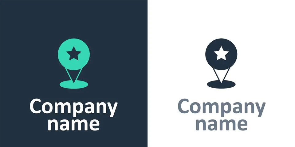 Logotype Map pointer with star icon isolated on white background. Star favorite Illustrazione stock
