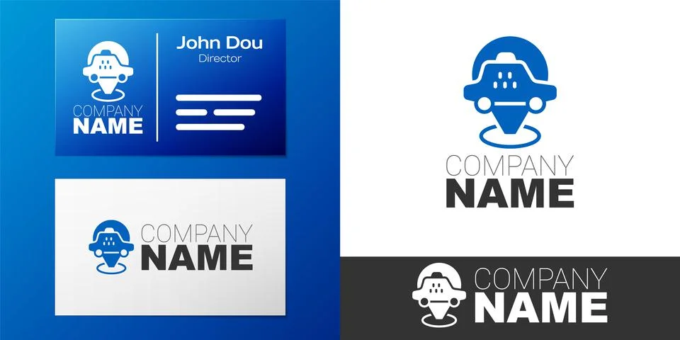 Logotype Map pointer with taxi car icon isolated on white background. Location Illustrazione stock