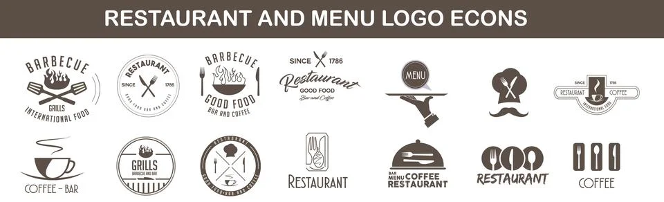Logotype menu. Set in flat style. Food vintage design elements, logos, badges Stock Illustration