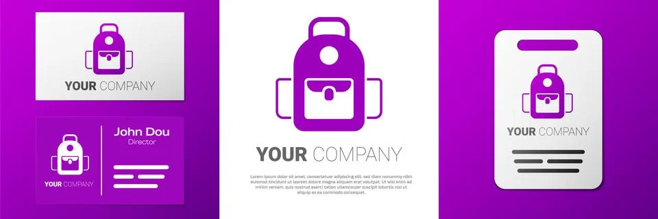 Logotype School backpack icon isolated on white background. Logo design template Illustrazione stock