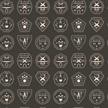 Logotype set for construction and carpentry industries seamless texture. Desi Stock Illustration