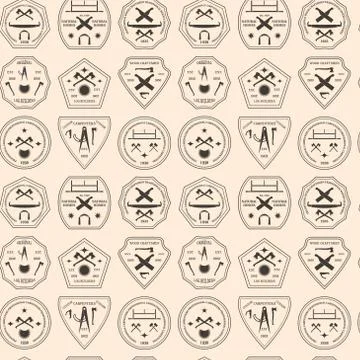 Logotype set for construction and carpentry industries seamless texture. Desi Stock Illustration