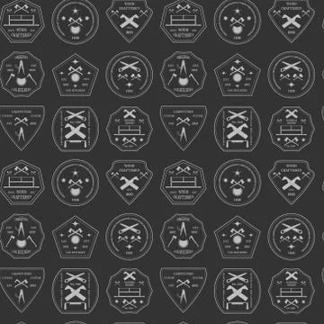 Logotype set for construction and carpentry industries seamless texture. Desi Stock Illustration