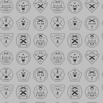 Logotype set for construction and carpentry industries seamless texture. Desi Stock Illustration