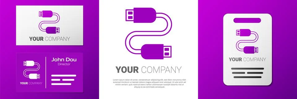 Logotype USB cable cord icon isolated on white background. Connectors and soc Illustrazione stock