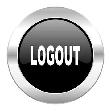 Logout black circle glossy chrome icon isolated. Stock Illustration
