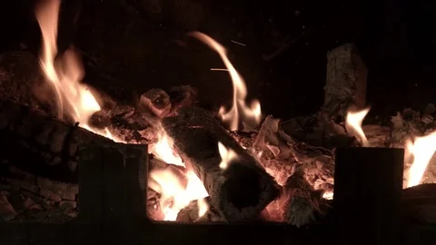 Logs and wood, burning fire in fireplace Stock Footage 75737853