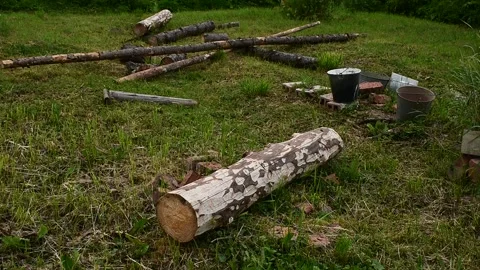 Logs, buckets, construction site view Stock Footage 138739914