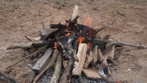 Logs Burning on the Sand during Daytime (4K) Stock Footage 307778398