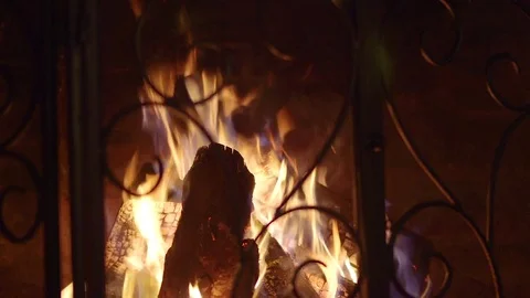 Logs Burning in Vintage Stone Fireplace with Decorative Screen and Grate Vídeo Stock 80832445