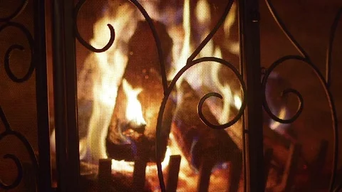 Logs Burning in Vintage Stone Fireplace with Decorative Screen and Grate Video stock 80832460