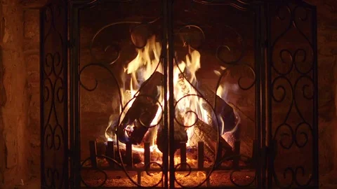 Logs Burning in Vintage Stone Fireplace with Decorative Screen and Grate 库存影片 80832625