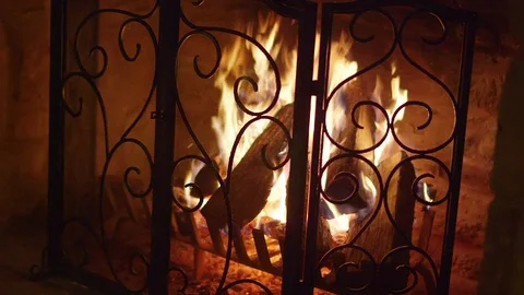 Logs Burning in Vintage Stone Fireplace with Decorative Screen and Grate Vídeo Stock 80832633