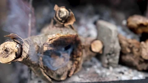 The logs were burned with ashes and white smoke emitted Stock Footage 145867607