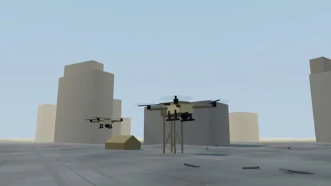 Loitering munitions dashing over ruins Stockbeeldmateriaal 342256206