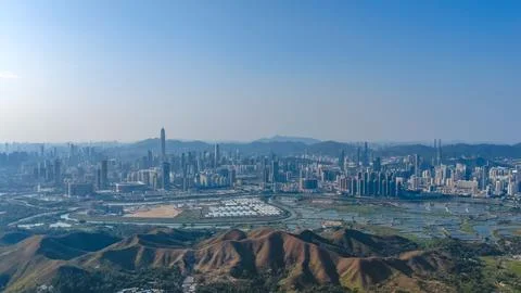 Lok Ma Chau Loop development zone near Shenzhen skyline Feb 18 2026 Stock Photos