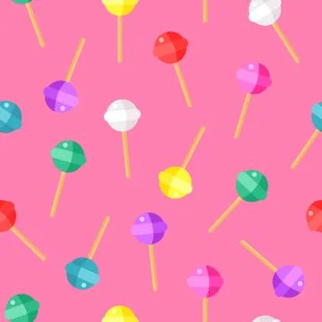 Lollipop color pattern on pink background. Cartoon design with candies. Vecto Stock Illustration