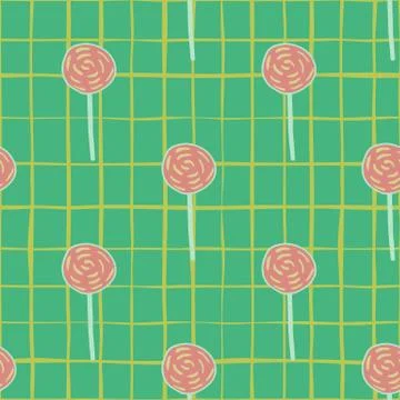 Lollipop sweet seamless pattern. Candy simple silhouettes in pink color on gr Stock Illustration