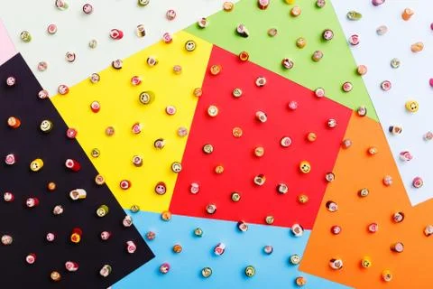 Lollipops, candy pattern, top view flat lay on colorful background Stock Photos