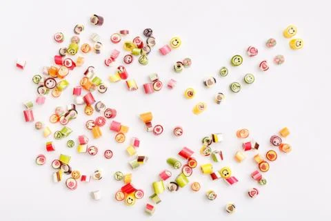 Lollipops, candy pattern, top view flat lay on colorful background Stock Photos
