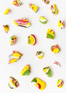 Lollipops, candy pattern, top view flat lay on colorful background Stock Photos