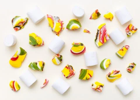 Lollipops, candy pattern, top view flat lay on colorful background Stock Photos