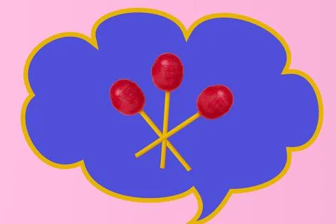 Lollipops on a creative background. Three red lollipops. Stock Photos