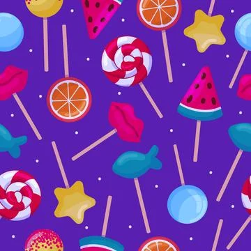 Lollipops seamless pattern, sweet lollipop candies on stick. Dessert food Stock Illustration