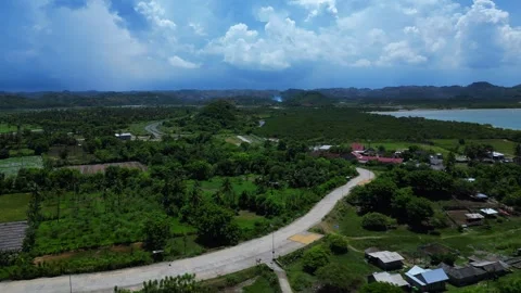 Lombok resort complex with swimming pool on hillside. Nice aerial view drone Stock Footage 344620995