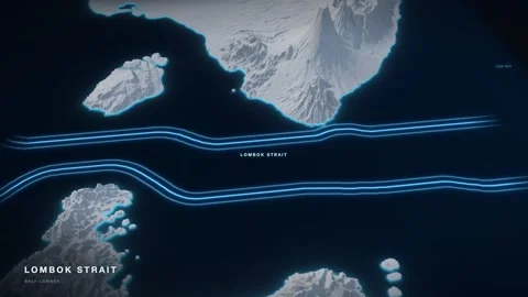 Lombok Strait 3D White Terrain Relief Map With Glowing Shipping Route Stock Footage 343537854