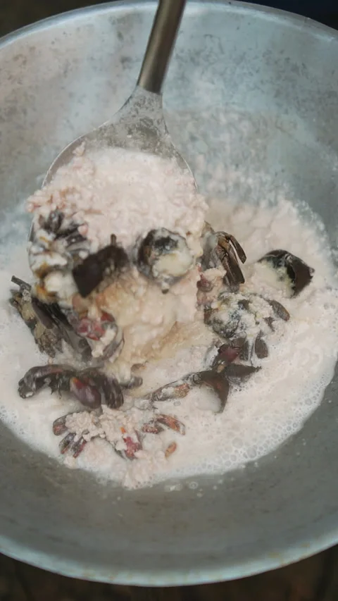 Lon Pu Khem, Thai soya bean dip with salted crab and coconut milk. Stock-Footage 337396155