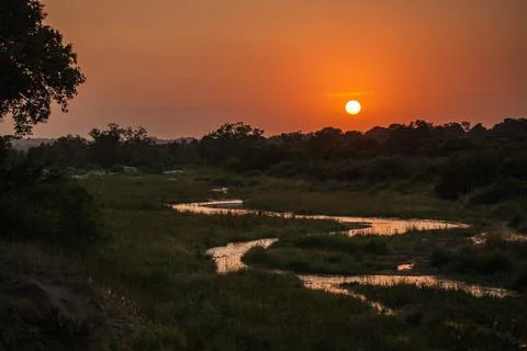 Londolozi Game Reserve,South Africa,A landscape of a winding river at sunset Stock Photos