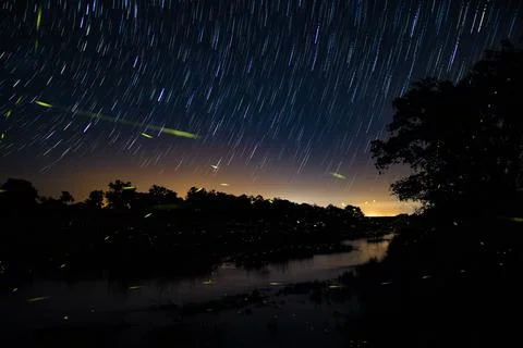 Londolozi Game Reserve,South Africa,A trail of fireflies at dusk above a rive Stock Photos