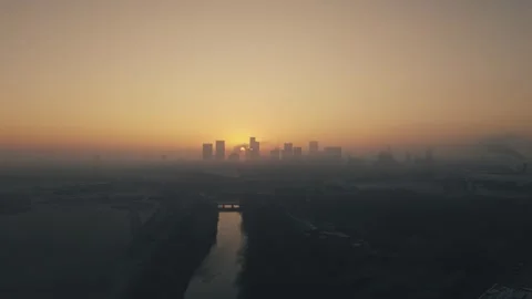 London 4k drone sunrise through london buildings misty morning graded footage Stock Footage 297543853